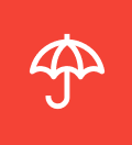 A simple white umbrella icon centered on a solid red background, symbolizing coverage or student deals.