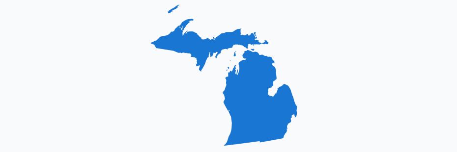 Blue silhouette map of Michigan showing both the Upper and Lower Peninsulas.