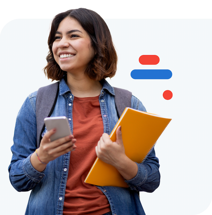 Smiling young woman holding a smartphone and a yellow folder, wearing a denim jacket and orange shirt, with graphic design elements behind her.