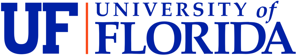 Logo of the University of Florida: white text on a blue background with a prominent "UF" followed by "University of Florida" and a vertical orange stripe separating the initials and the full name, evoking images of Florida beaches.