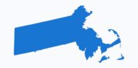 A simple blue silhouette map of Massachusetts on a plain white background, depicting the state's distinctive geographical shape.