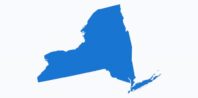A simple blue silhouette map of New York State on a plain white background.