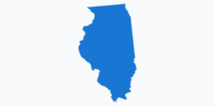 A blue silhouette of the state of Illinois is displayed on a light background. The map outlines the state's distinctive shape with its recognizable northern and southern boundaries.