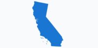 A simple graphic of california's outline in solid blue color against a white background.