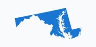 A stylized map of maryland in blue, featuring a detailed white chesapeake bay dividing the eastern and western parts of the state.