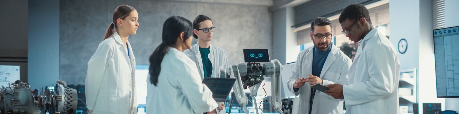 A group of five researchers in white lab coats stand in a laboratory, surrounding a robot with a tablet. They appear to be engaged in a discussion related to their STEM degrees. The lab is equipped with various electronic equipment and machinery.