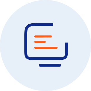 A blue outline of a computer monitor with three orange horizontal lines representing text, set against a light blue circular background.